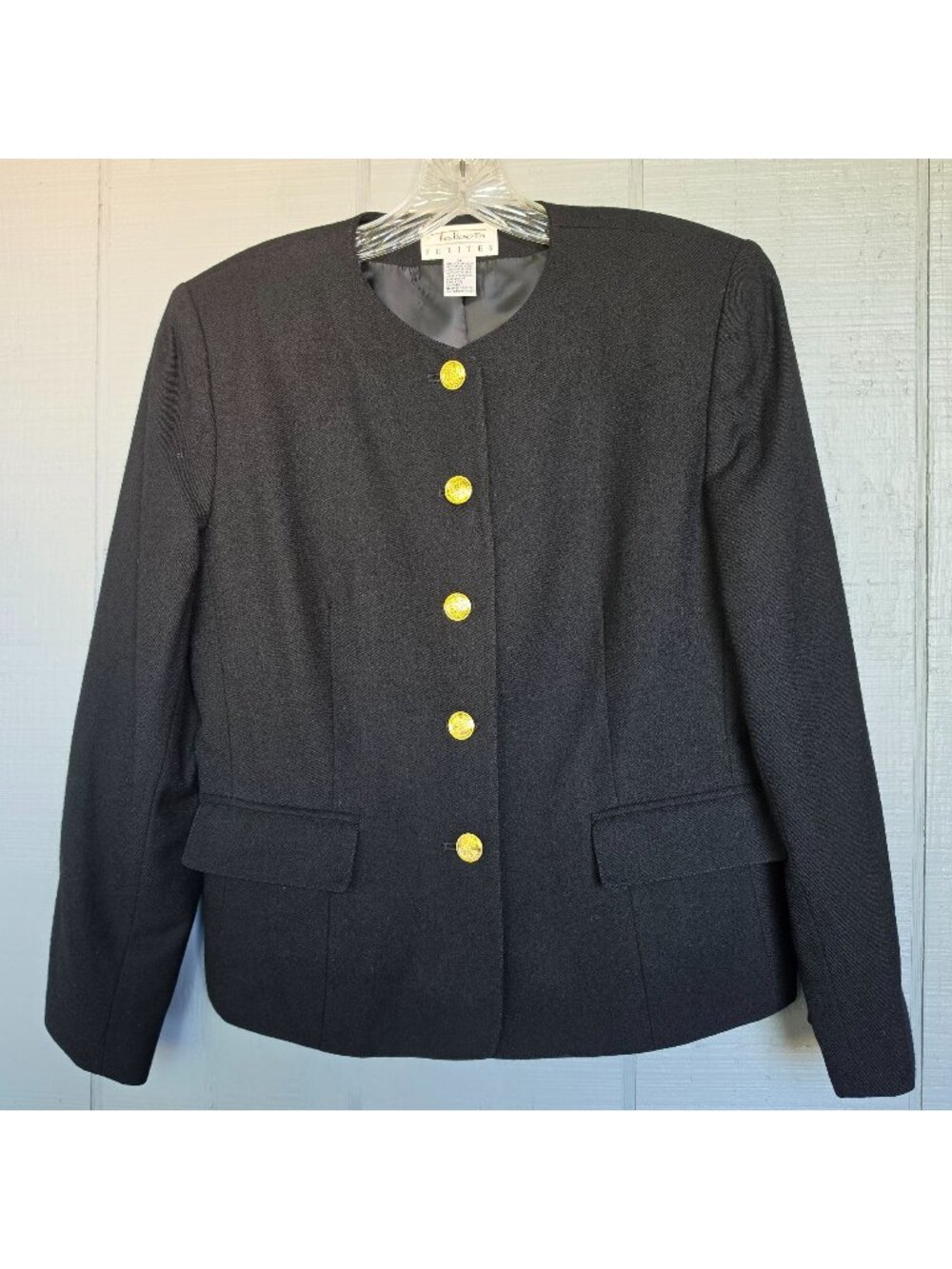 Talbots Petites Vintage Wool Blazer Size 6 Black Gold Button Collarless Jacket